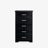Black chest of drawers with 5 storage drawers, smooth metal rails, antique gold-trim pulls, and wall-mounted anti-tip safety