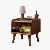 Nightstand with solid European beechwood, rounded brown edges, mid-century open storage and retro accents for compact spaces