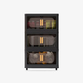 Black 3 Tiers Stackable Storage Bins with wheels & translucent PP panels, front doors + top lid for multi-room storage solutions.