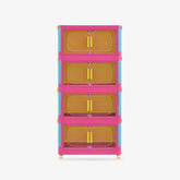 4 Tiers Pink stackable storage bins with wheels. Foldable PP plastic organizers with magnetic locks for dopamine decor