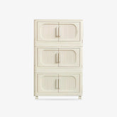 3 Tiers Stackable storage bins with white PP material, wheeled base, and magnetic-lock doors for versatile home organization