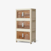 3 Tiers White Stackable Storage Bins with wheels and translucent doors, foldable PP plastic design for storage organization