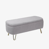 Grey Modern Storage Ottoman Bench with pleated design, hidden storage, safety hinge, and metal legs for living room or bedroom.