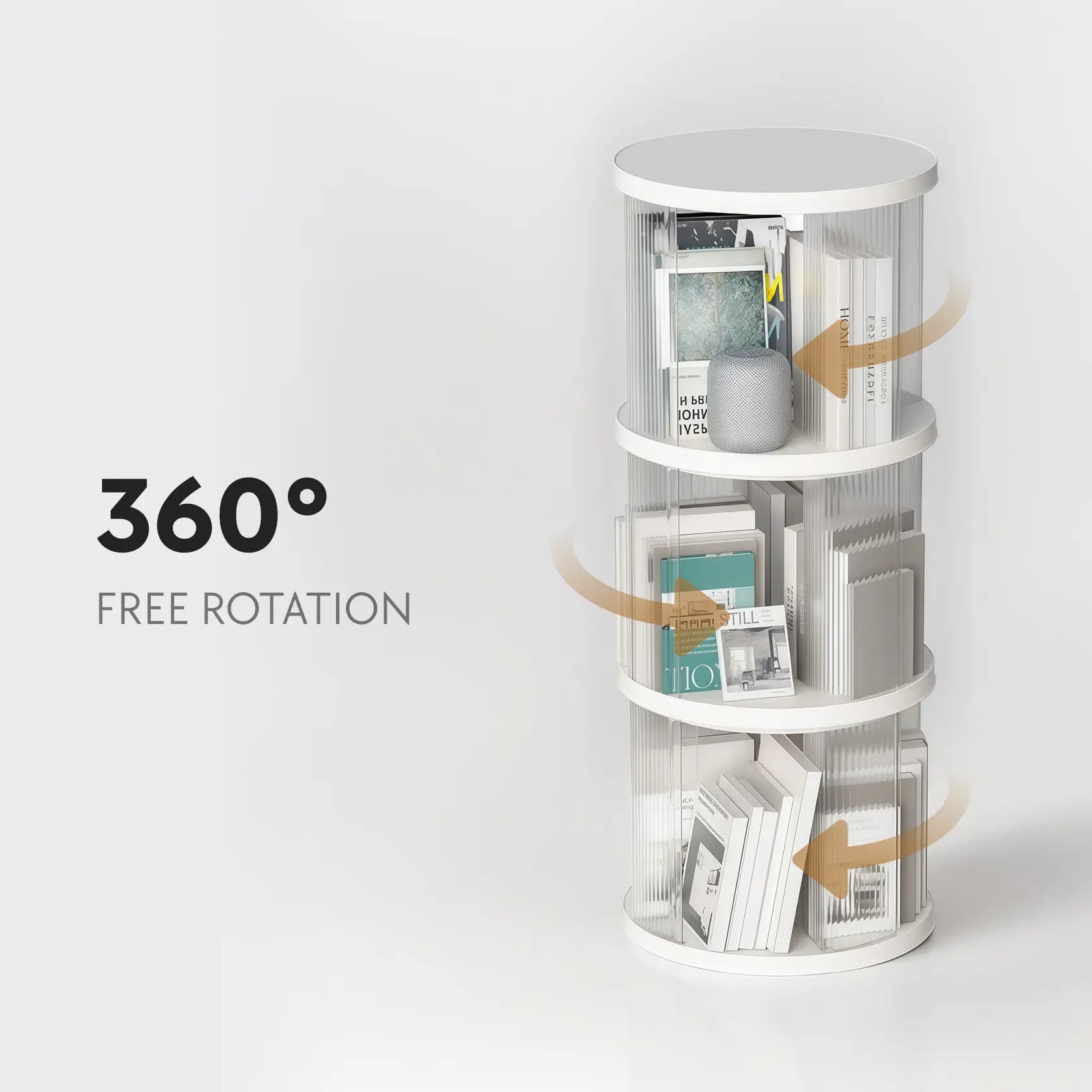 360° Rotating Bookshelf with 3-tier storage, holds 144 books & space-saving corner design