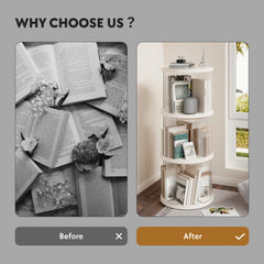360° Rotating Bookshelf with 3-tier storage, holds 144 books & space-saving corner design