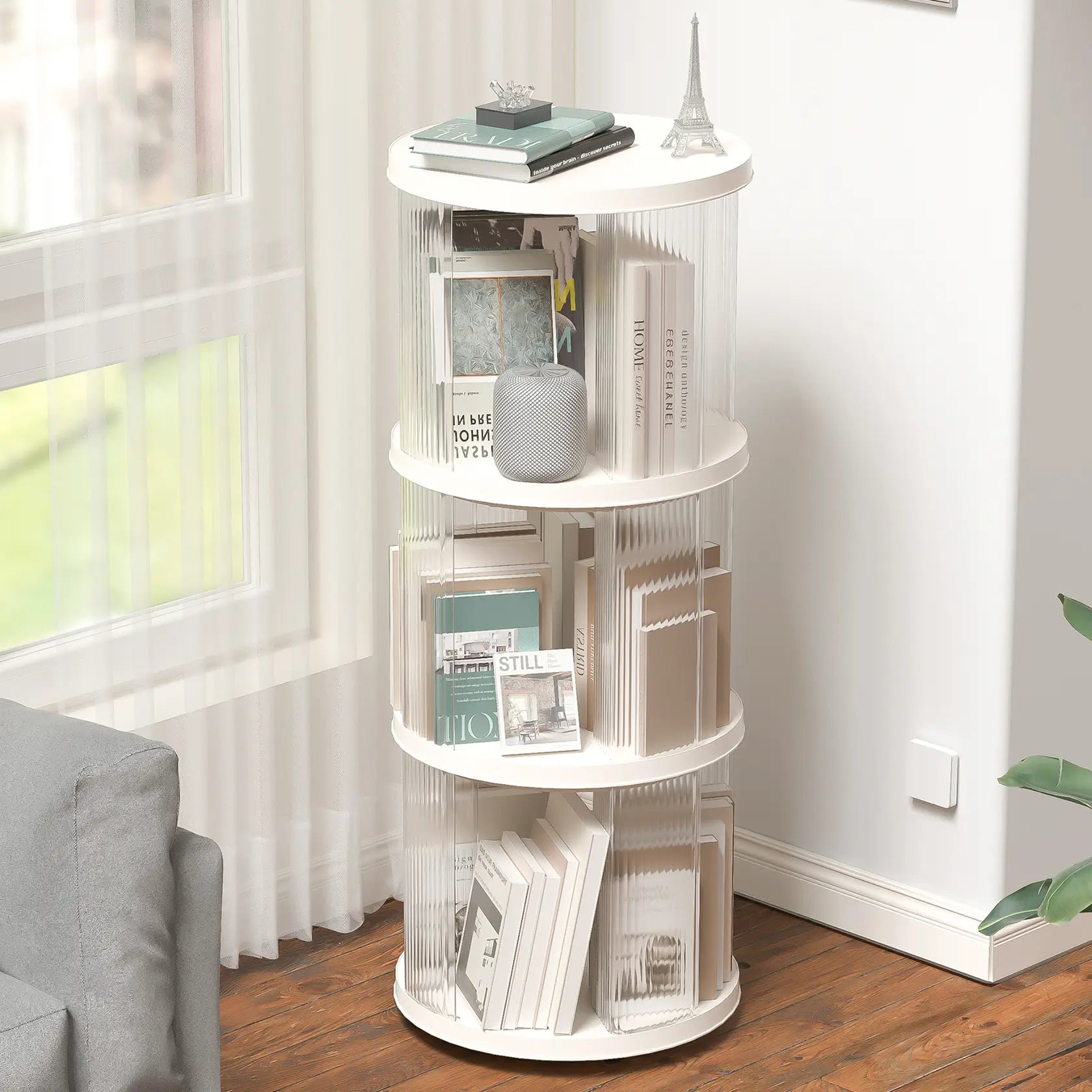 360° Rotating Bookshelf with 3-tier storage, holds 144 books & space-saving corner design