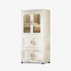 2 folding boxes-White collapsible wardrobe with storage bins & hanging rod. Wheeled PP shelves, stackable organizer for multi-room use