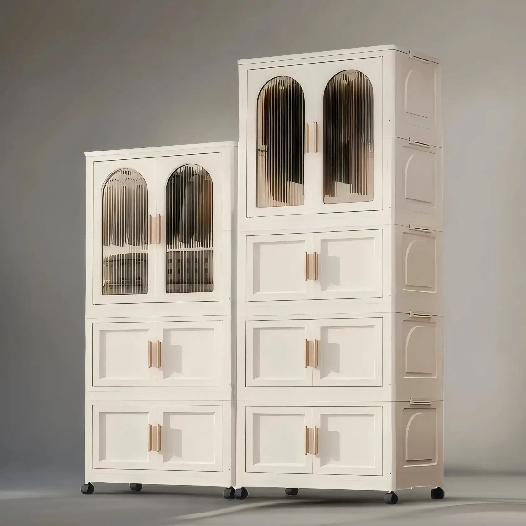 White collapsible wardrobe with storage bins & hanging rod. Wheeled PP shelves, stackable organizer for multi-room use