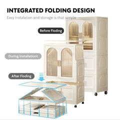 White collapsible wardrobe with storage bins & hanging rod. Wheeled PP shelves, stackable organizer for multi-room use