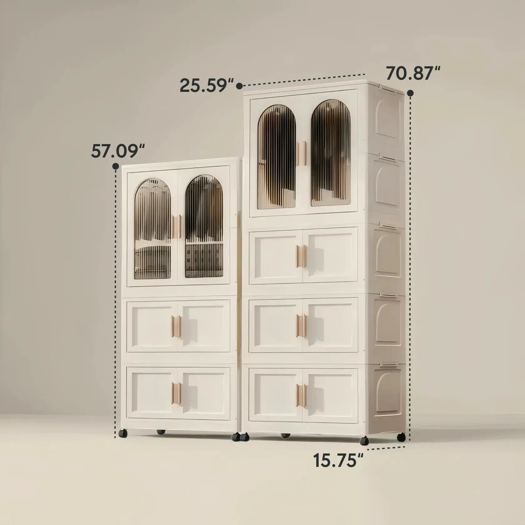 White collapsible wardrobe with storage bins & hanging rod. Wheeled PP shelves, stackable organizer for multi-room use
