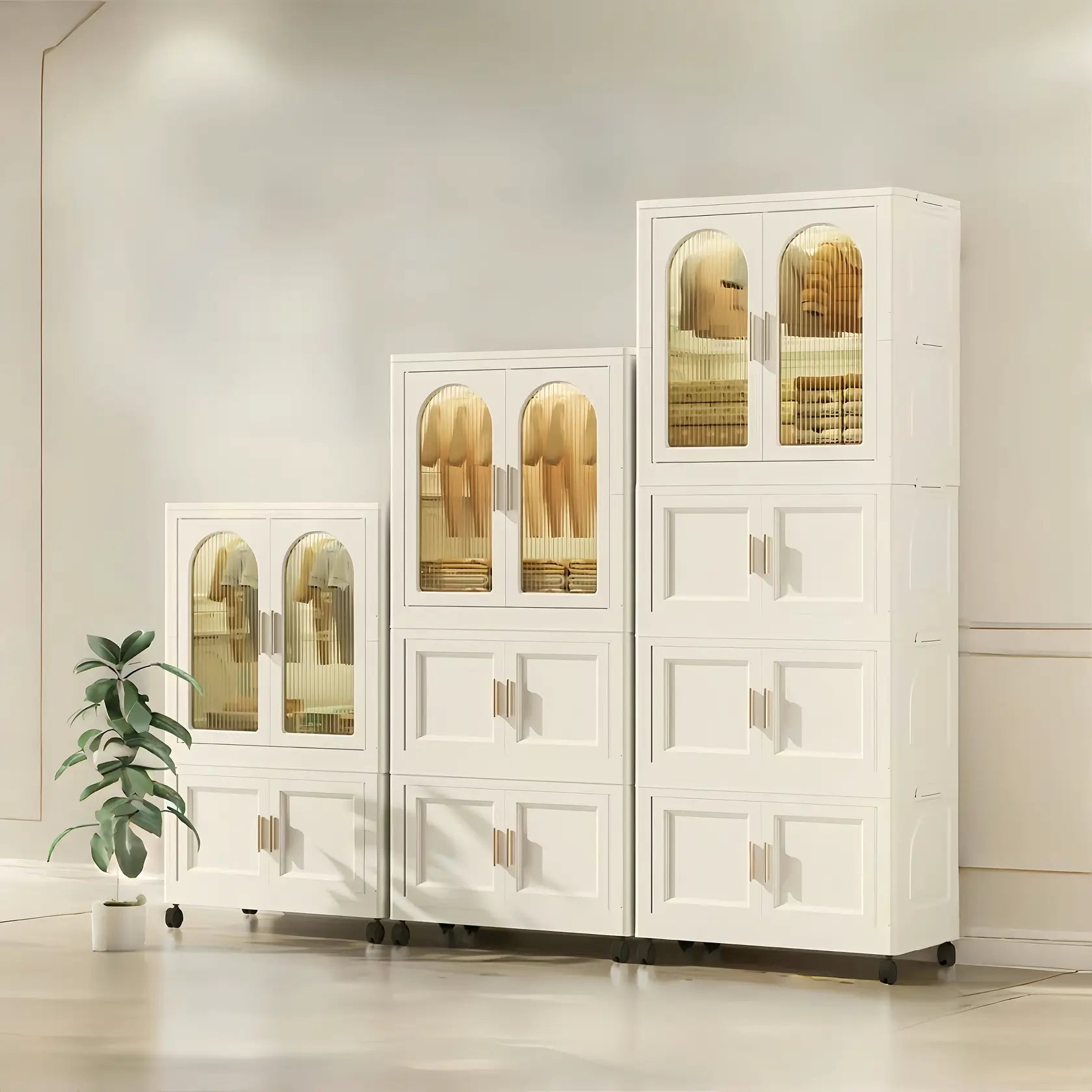 White collapsible wardrobe with storage bins & hanging rod. Wheeled PP shelves, stackable organizer for multi-room use