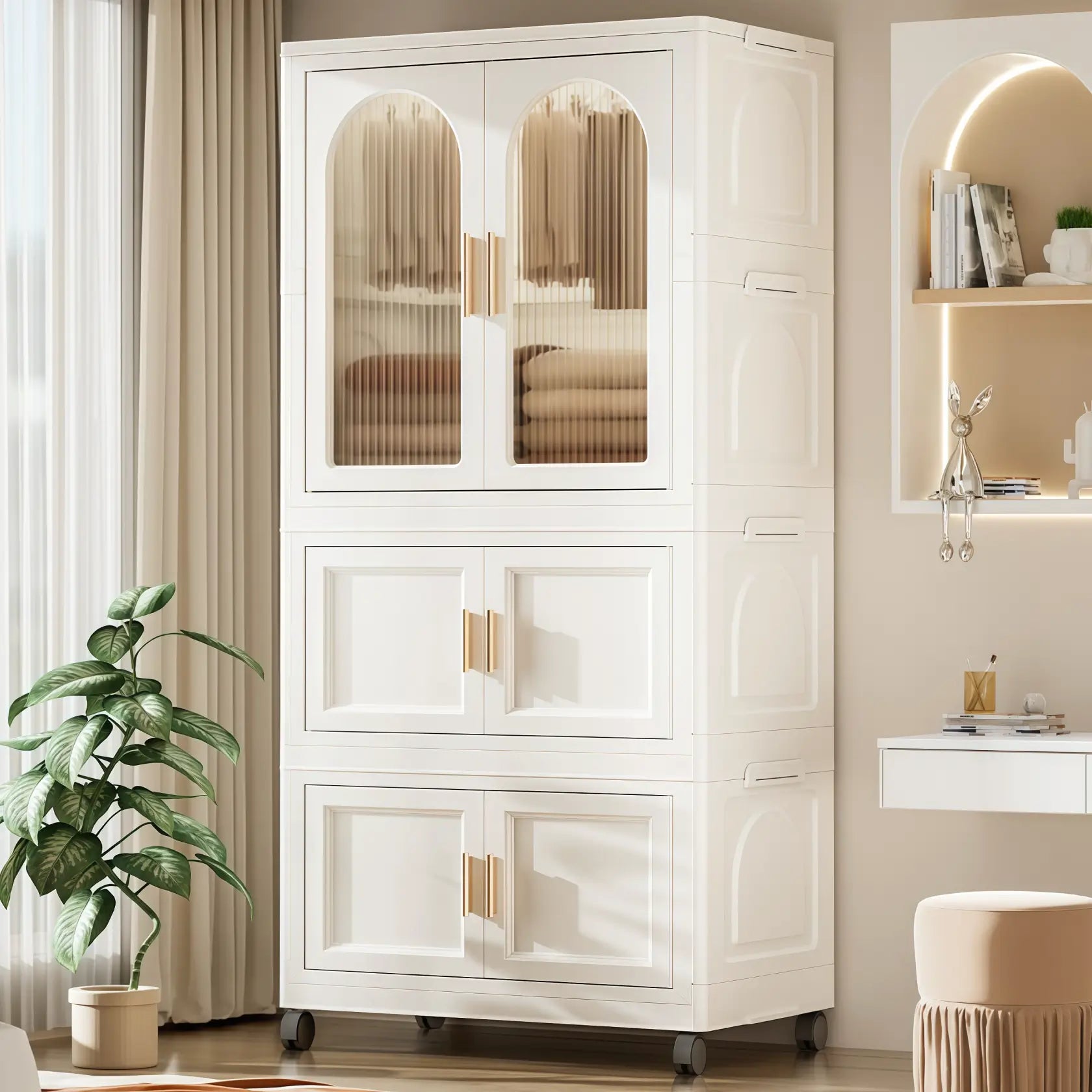 White collapsible wardrobe with storage bins & hanging rod. Wheeled PP shelves, stackable organizer for multi-room use
