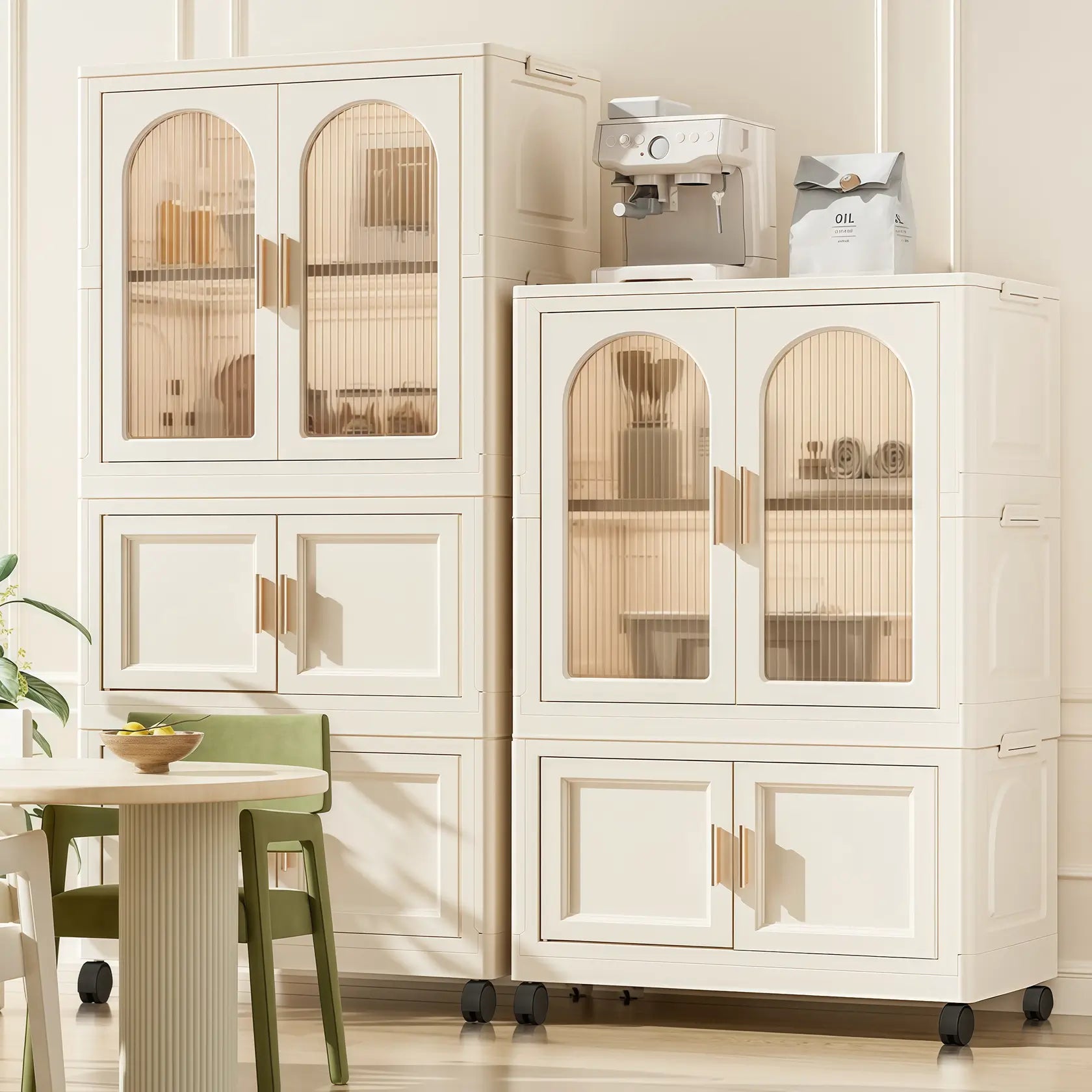 White collapsible wardrobe with storage bins & hanging rod. Wheeled PP shelves, stackable organizer for multi-room use