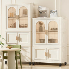 White collapsible wardrobe with storage bins & hanging rod. Wheeled PP shelves, stackable organizer for multi-room use