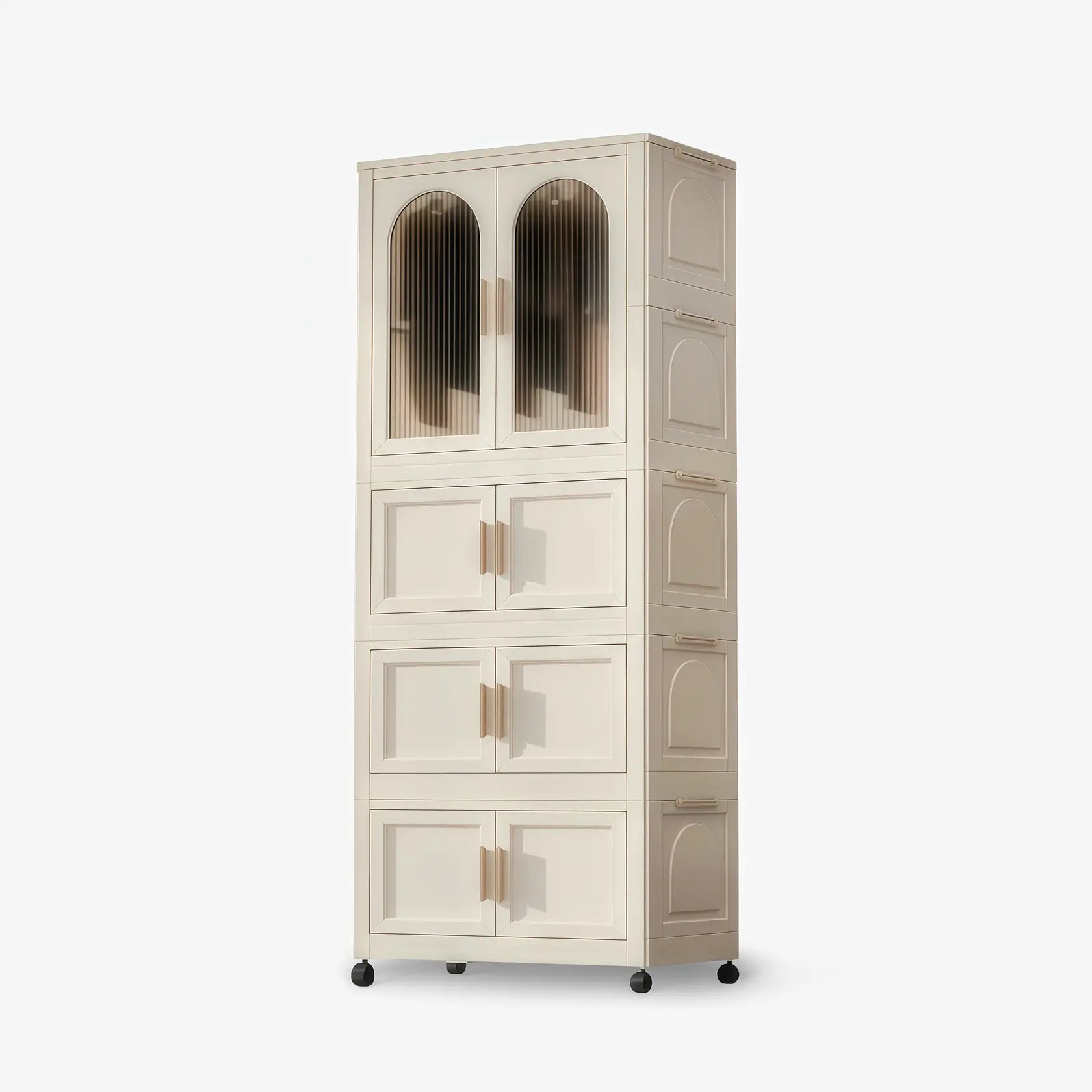 3 folding boxes-White collapsible wardrobe with storage bins & hanging rod. Wheeled PP shelves, stackable organizer for multi-room use