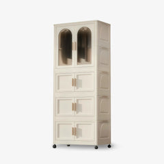 3 folding boxes-White collapsible wardrobe with storage bins & hanging rod. Wheeled PP shelves, stackable organizer for multi-room use