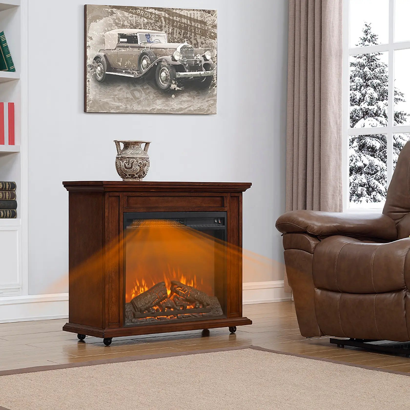 Electric fireplace with CSA/UL certification, 1400W heating, and realistic LED flames for 400 sq. ft. rooms