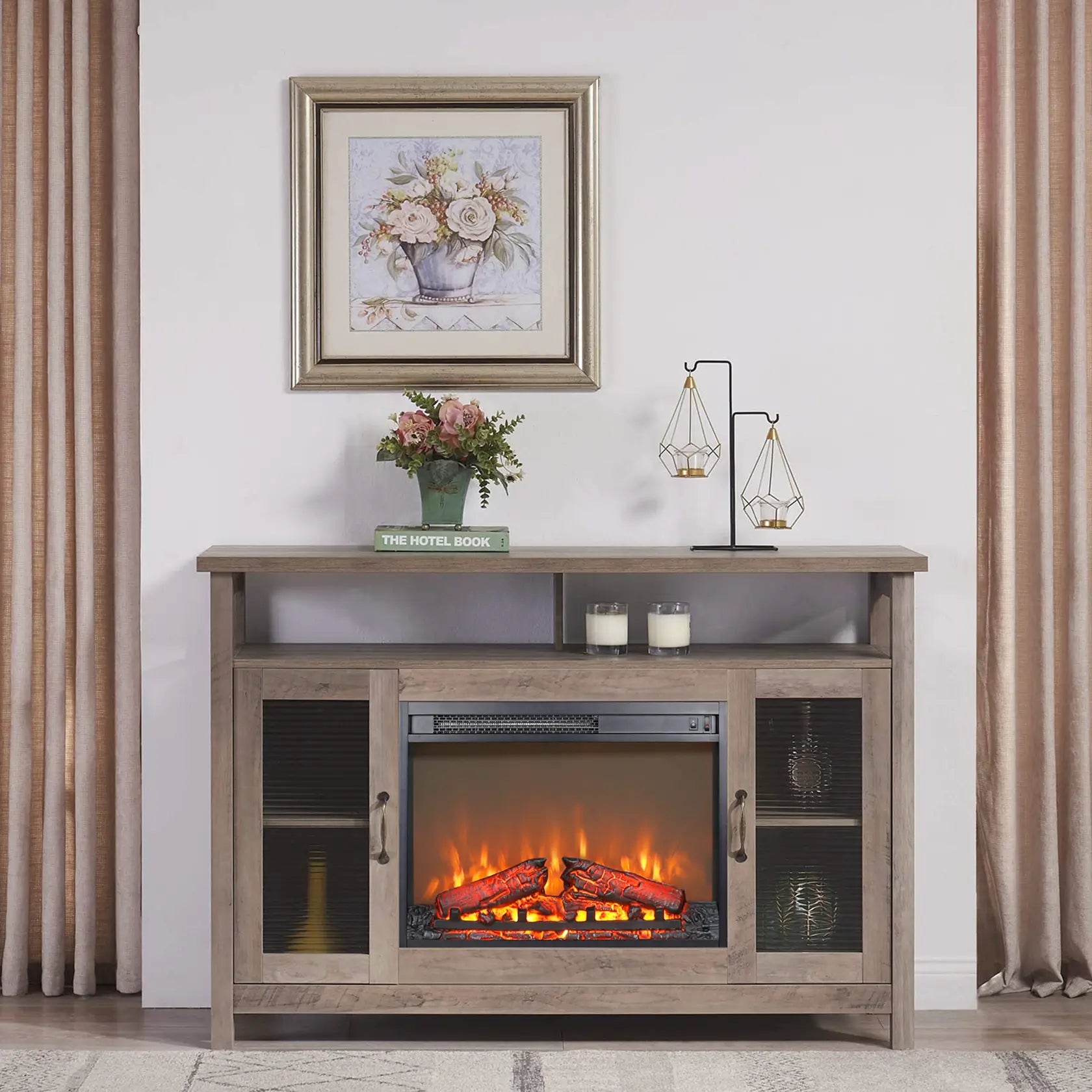 Electric fireplace with CSA/UL certification, 1400W heating, and realistic LED flames for 400 sq. ft. rooms