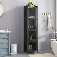 Black 4 Tiers Modern Glass Cabinet Sideboard with iron frame & fluted tempered glass, closed cabinets, protective feet, minimalist design for home decor
