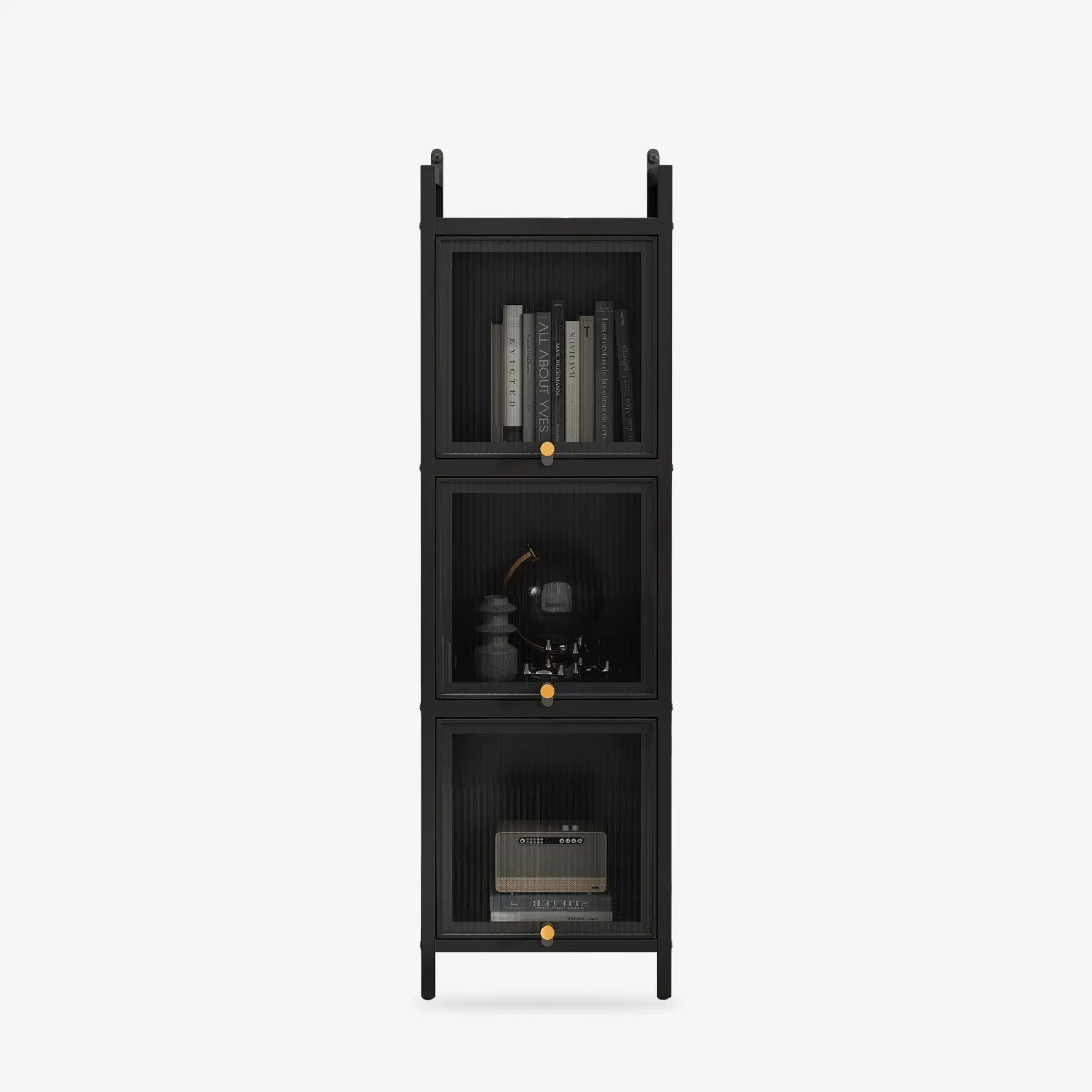Black 3 Tiers Modern Glass Cabinet Sideboard with iron frame & fluted tempered glass, closed cabinets, protective feet, minimalist design for home decor