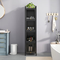 Black 4 Tiers Modern Glass Cabinet Sideboard with iron frame & fluted tempered glass, closed cabinets, protective feet, minimalist design for home decor