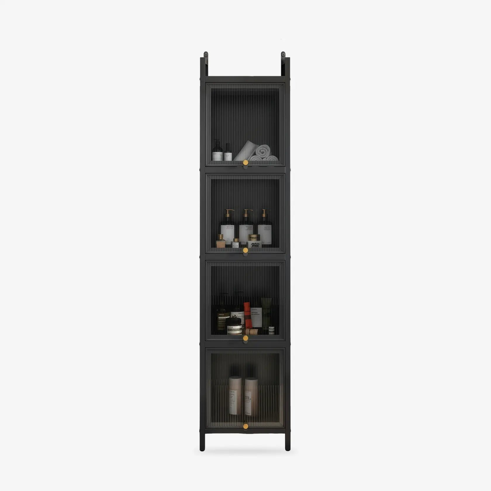 Black 4 Tiers Modern Glass Cabinet Sideboard with iron frame & fluted tempered glass, closed cabinets, protective feet, minimalist design for home decor