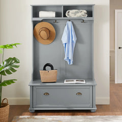 Coat rack with open shelves & shoe bench, grey MDF/solid wood 4-in-1 entryway storage unit