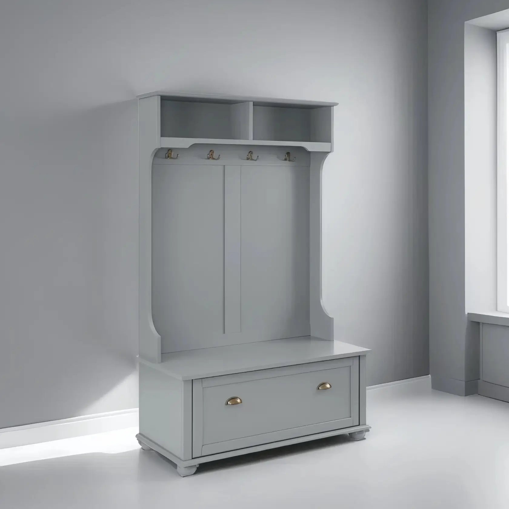 Coat rack with open shelves & shoe bench, grey MDF/solid wood 4-in-1 entryway storage unit