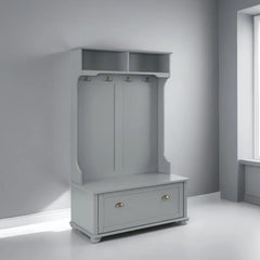 Coat rack with open shelves & shoe bench, grey MDF/solid wood 4-in-1 entryway storage unit
