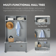Coat rack with open shelves & shoe bench, grey MDF/solid wood 4-in-1 entryway storage unit