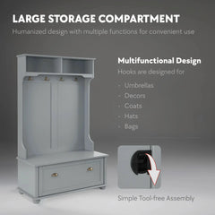 Coat rack with open shelves & shoe bench, grey MDF/solid wood 4-in-1 entryway storage unit