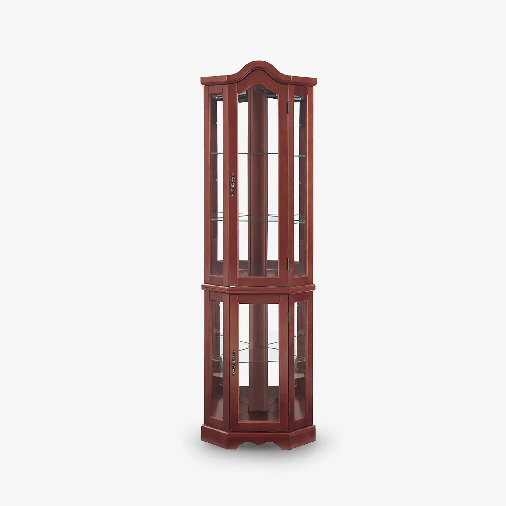 Lighted corner curio cabinet with glass doors, adjustable shelves, and built-in illumination for collectible displays