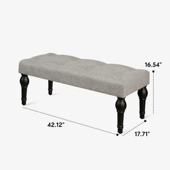 Soft grey 42-inch Ottoman bench with linen fabric, button-tufted seat, Roman column feet, and skid foot pads.