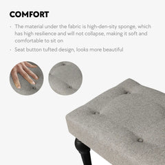 Soft grey 42-inch Ottoman bench with linen fabric, button-tufted seat, Roman column feet, and skid foot pads.