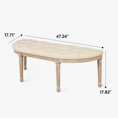 Beige Ottoman Bench with vintage half-moon design, fluted legs, linen cushion, and skid foot pads.