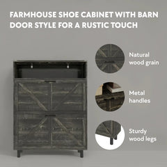 Shoe rack cabinet in dark oak with barn door flip drawers, adjustable shelves, ventilated back for entryway storage