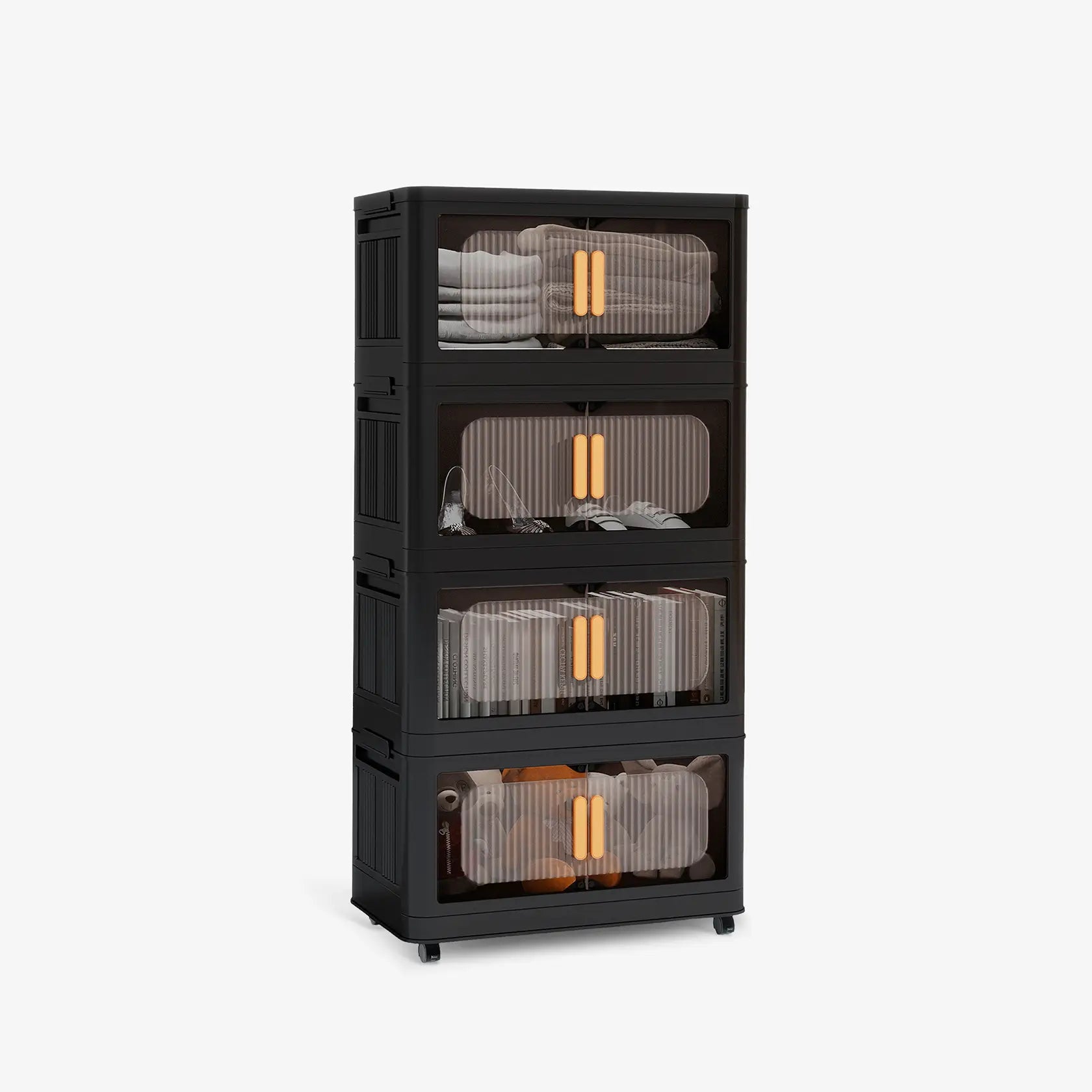 Black Stackable Storage Bins with wheels & translucent PP panels, front doors + top lid for multi-room storage solutions.
