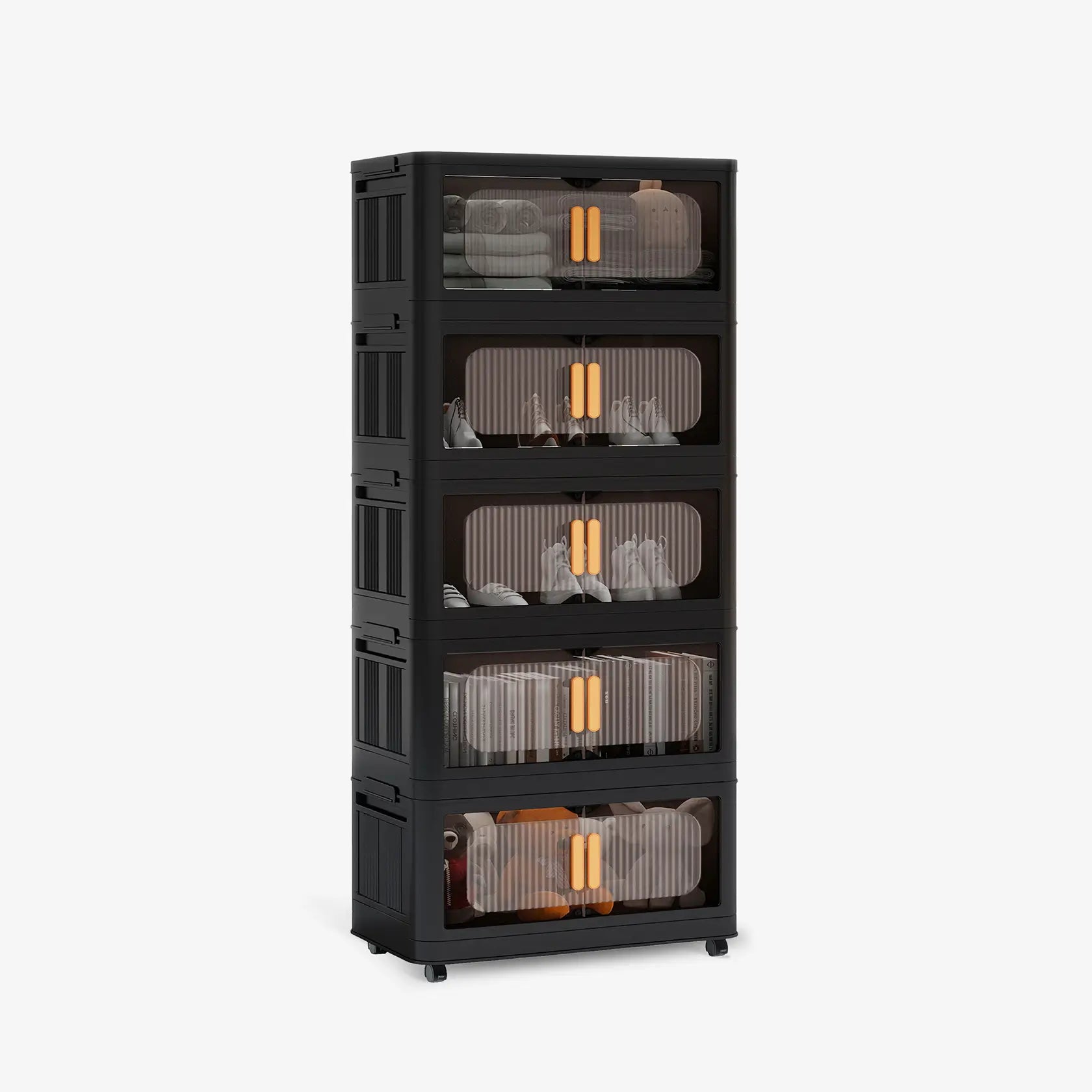 Black Stackable Storage Bins with wheels & translucent PP panels, front doors + top lid for multi-room storage solutions.