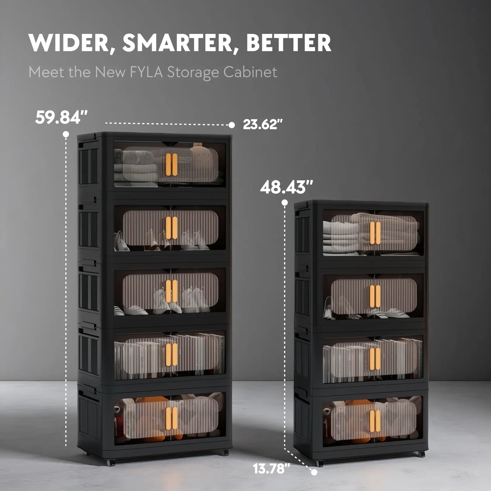 Black Stackable Storage Bins with wheels & translucent PP panels, front doors + top lid for multi-room storage solutions.