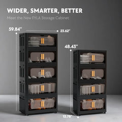 Black Stackable Storage Bins with wheels & translucent PP panels, front doors + top lid for multi-room storage solutions.