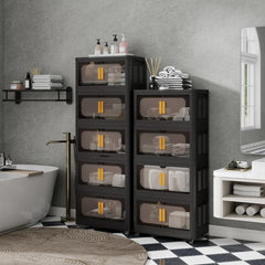 Black Stackable Storage Bins with wheels & translucent PP panels, front doors + top lid for multi-room storage solutions.