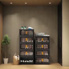 Black Stackable Storage Bins with wheels & translucent PP panels, front doors + top lid for multi-room storage solutions.