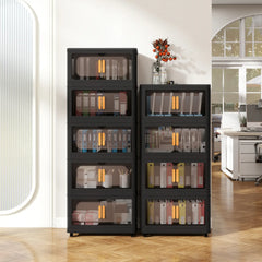 Black Stackable Storage Bins with wheels & translucent PP panels, front doors + top lid for multi-room storage solutions.