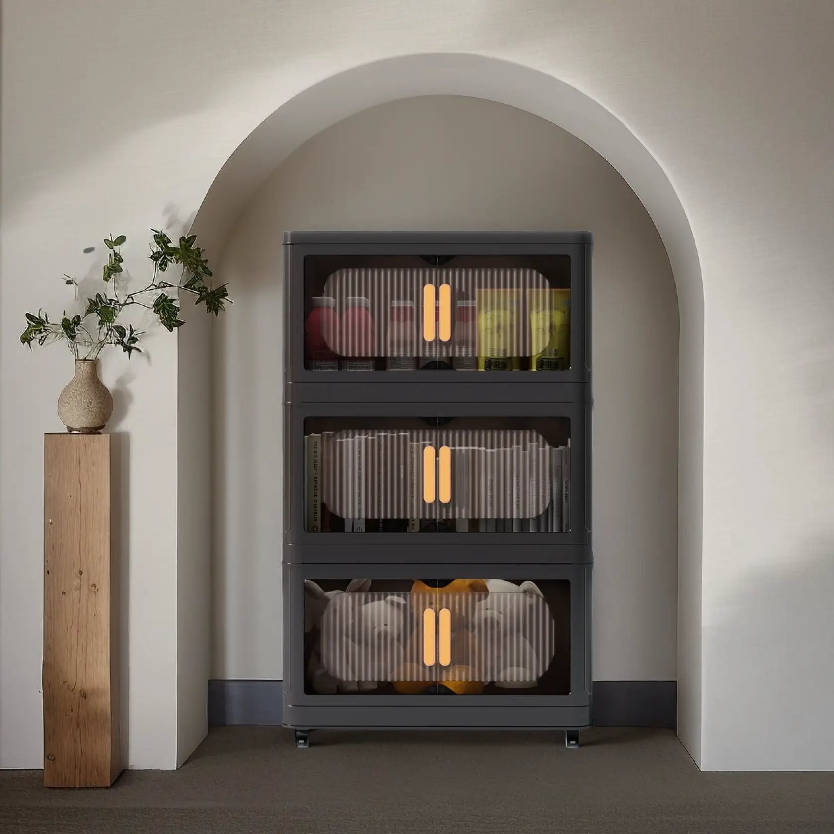 Black Stackable Storage Bins with wheels & translucent PP panels, front doors + top lid for multi-room storage solutions.