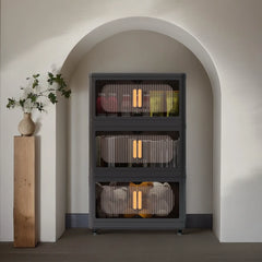 Black Stackable Storage Bins with wheels & translucent PP panels, front doors + top lid for multi-room storage solutions.