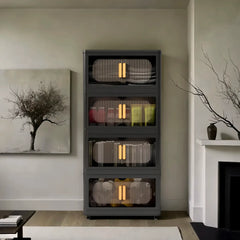 Black Stackable Storage Bins with wheels & translucent PP panels, front doors + top lid for multi-room storage solutions.