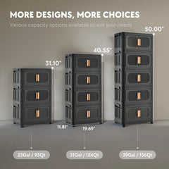 Black Stackable Storage Bins with wheels & translucent PP panels, front doors + top lid for multi-room storage solutions.