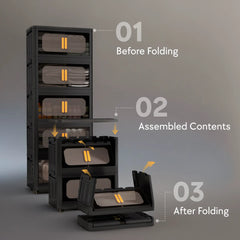 Black Stackable Storage Bins with wheels & translucent PP panels, front doors + top lid for multi-room storage solutions.