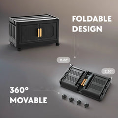 Black Stackable Storage Bins with wheels & translucent PP panels, front doors + top lid for multi-room storage solutions.