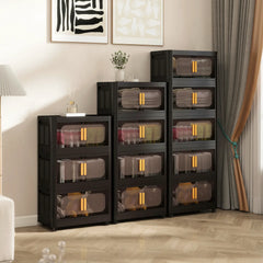 Black Stackable Storage Bins with wheels & translucent PP panels, front doors + top lid for multi-room storage solutions.